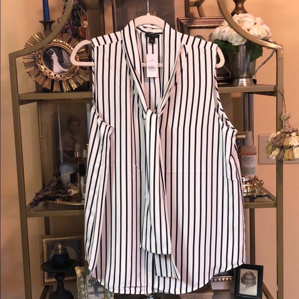 Ann Taylor Navy White Stripe Tie neck shell L